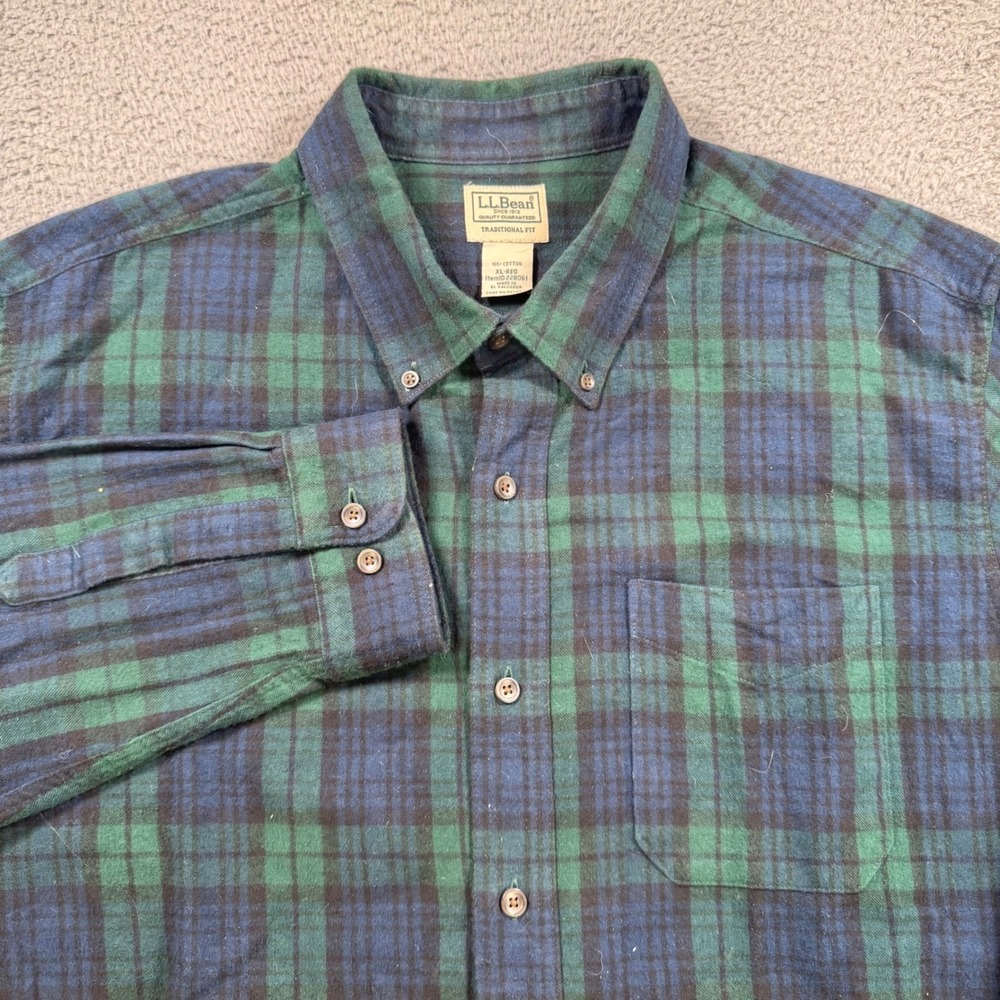 LL Bean Mens Flannel Shirt Traditional Fit Plaid Blue Green XL‎ Reg